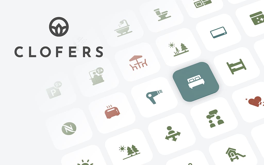 Naamcreatie en merkontwikkeling voor Clofers met iconenset en visuele stijlelementen voor hospitality en verblijfsbeleving